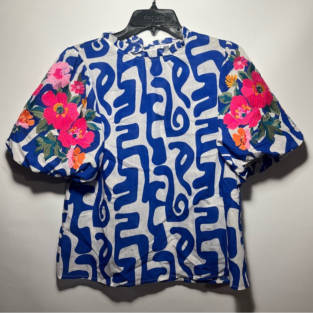 THML Blue and White Blouse with Pink Floral Embroidery